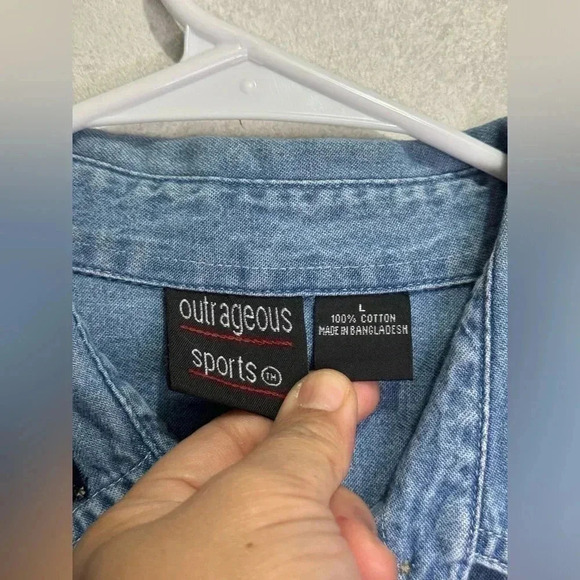 Women’s Denim Patches Patriotic US American Flag Button Down Shirt Top Large - Picture 8 of 10